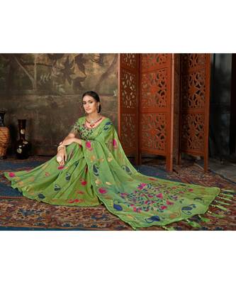 Green Woven Cotton saree with blouse 4
