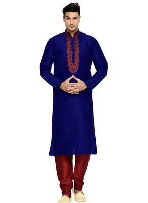 Blue Embroidered Dupion Silk Kurta Pajama 1