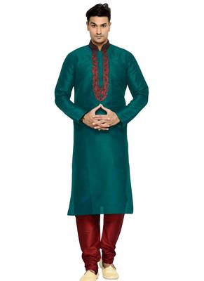Green Embroidered Dupion Silk Kurta Pajama 1