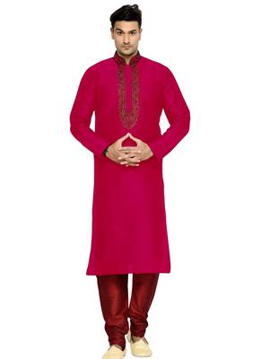 Red Embroidered Dupion Silk Kurta Pajama 1