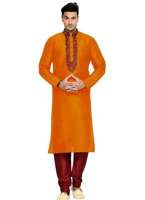 Orange Embroidered Dupion Silk Kurta Pajama 1