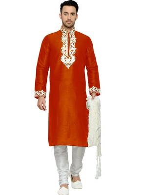 Red Embroidered Dupion Silk Kurta Pajama 1