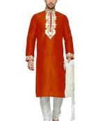 Red Embroidered Dupion Silk Kurta Pajama