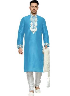 Turquoise Embroidered Dupion Silk Kurta Pajama 1