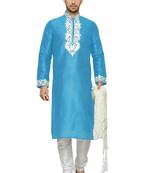 Turquoise Embroidered Dupion Silk Kurta Pajama