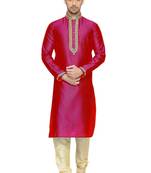 Pink Embroidered Dupion Silk Kurta Pajama