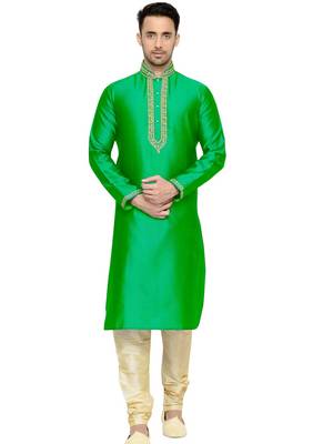 Green Embroidered Dupion Silk Kurta Pajama 1