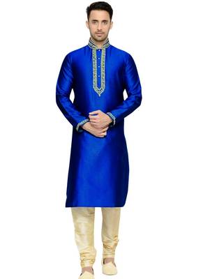 Blue Embroidered Dupion Silk Kurta Pajama 1