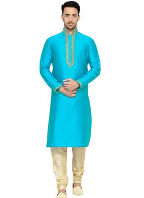 Turquoise Embroidered Dupion Silk Kurta Pajama 1