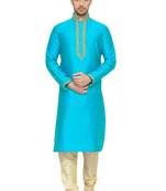 Turquoise Embroidered Dupion Silk Kurta Pajama