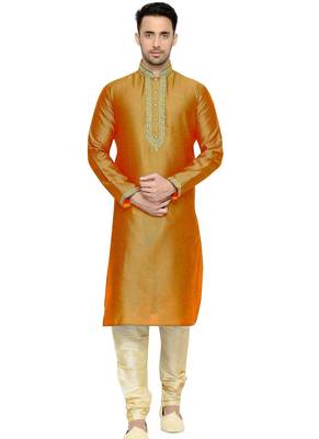 Orange Embroidered Dupion Silk Kurta Pajama 1
