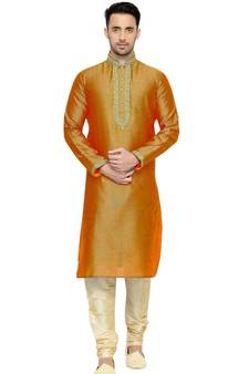 Orange Embroidered Dupion Silk Kurta Pajama