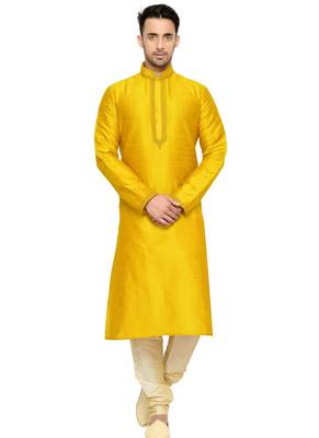 Yellow Embroidered Dupion Silk Kurta Pajama 1