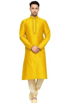 Yellow Embroidered Dupion Silk Kurta Pajama