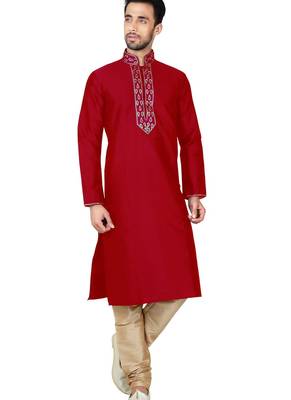 Red Embroidered Dupion Silk Kurta Pajama 1