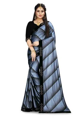 Blue printed lycra saree with blouse 1