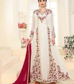 Off-White Embroidered Faux Georgette Islamic Style Salwar Suit Dupatta With Koti