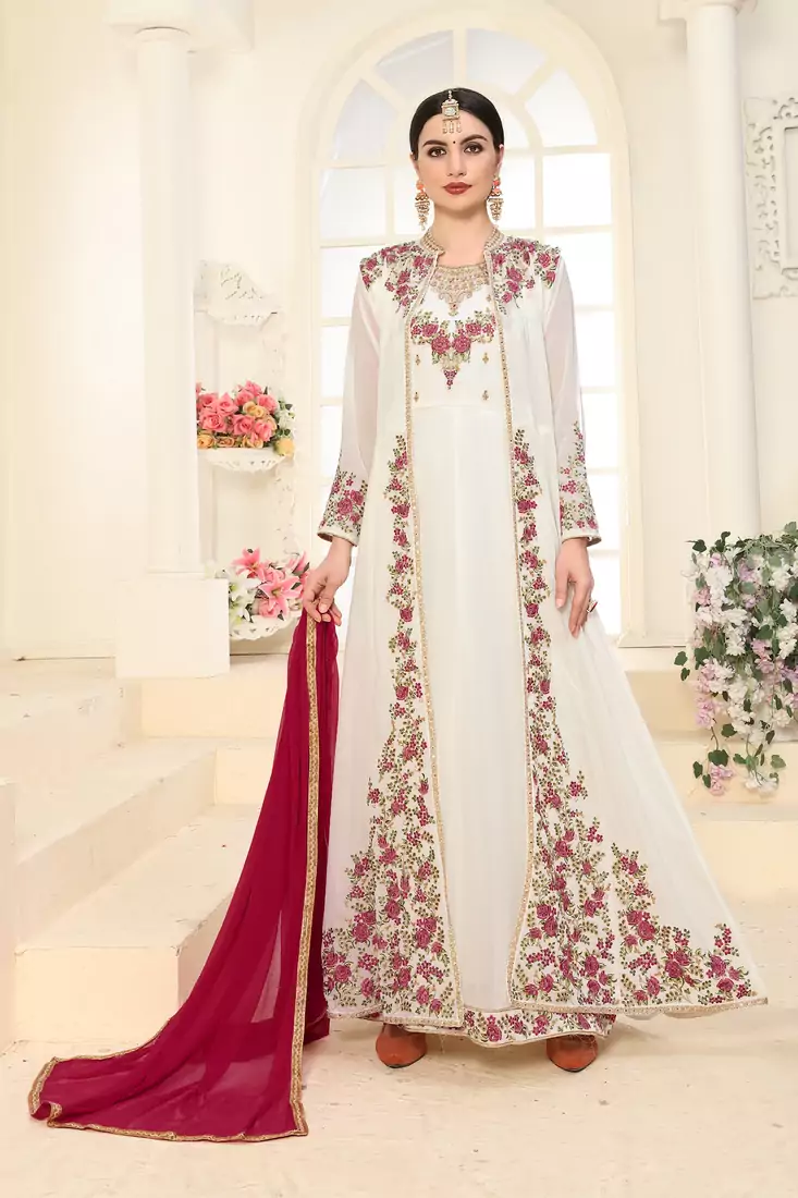 Off-White Embroidered Faux Georgette Islamic Style Salwar Suit Dupatta With Koti