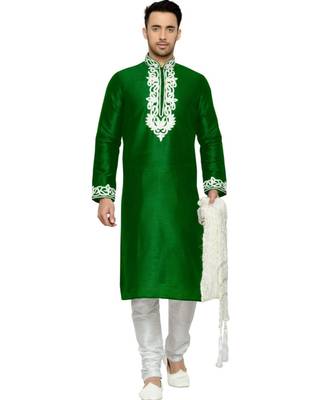 Green Embroidered Dupion Silk Kurta Pajama 1