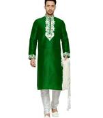 Green Embroidered Dupion Silk Kurta Pajama