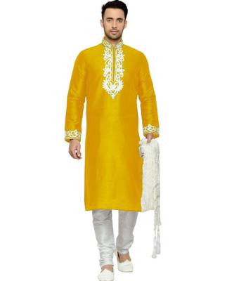 Yellow Embroidered Dupion Silk Kurta Pajama 1