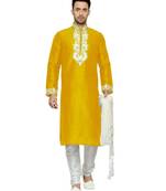 Yellow Embroidered Dupion Silk Kurta Pajama