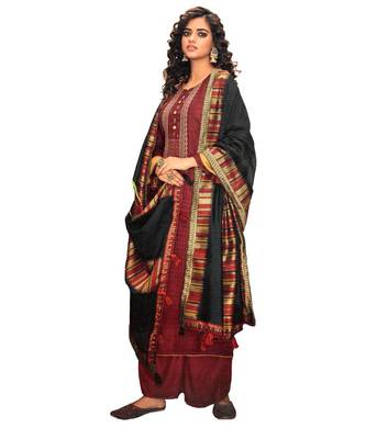 Maroon Embroidered Cotton Unstitched Salwar 1