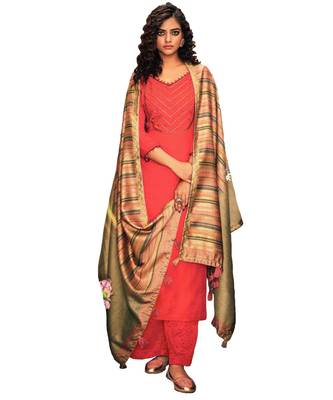 Red Embroidered Cotton Unstitched Salwar 1