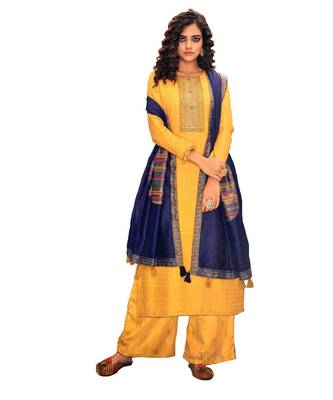 Yellow Embroidered Cotton Unstitched Salwar 1