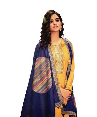 Yellow Embroidered Cotton Unstitched Salwar 2