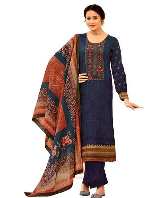 Blue Embroidered Cotton Unstitched Salwar 1