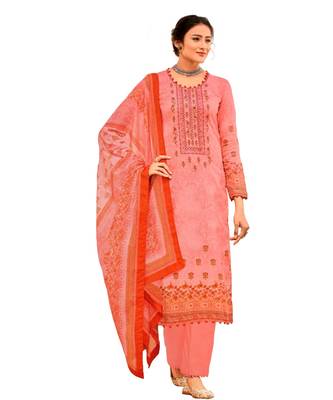 Peach Embroidered Cotton Unstitched Salwar 1