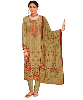 Beige Embroidered Cotton Unstitched Salwar 1