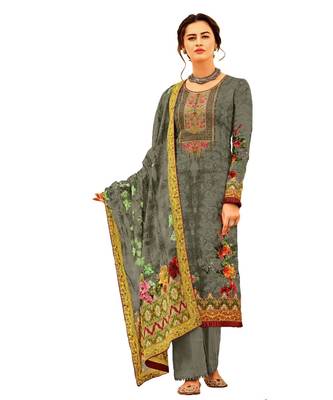 Grey Embroidered Cotton Unstitched Salwar 1