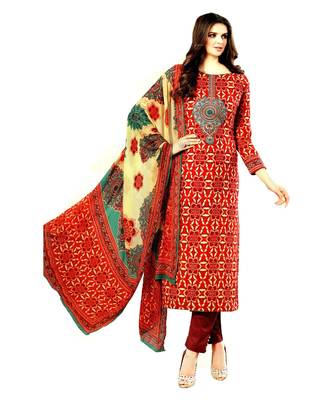 Red Embroidered Cotton Unstitched Salwar 1