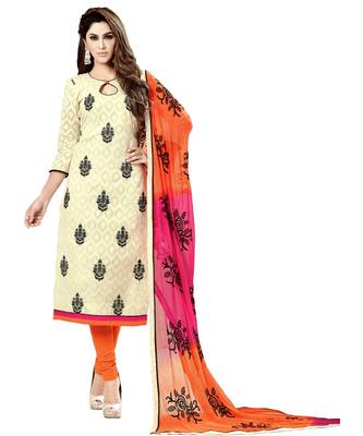 Cream Embroidered Cotton Unstitched Salwar 1