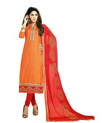 Orange Embroidered Cotton Silk Unstitched Salwar 1
