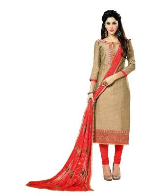 Beige Embroidered Cotton Silk Unstitched Salwar 1