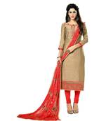 Beige Embroidered Cotton Silk Unstitched Salwar