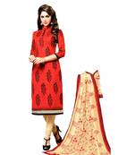 Red Embroidered Cotton Unstitched Salwar