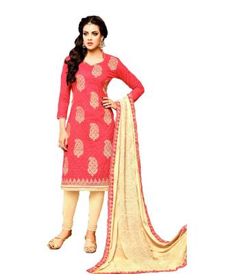 Peach Embroidered Cotton Unstitched Salwar 1