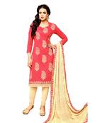 Peach Embroidered Cotton Unstitched Salwar