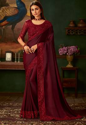 Maroon embroidered silk saree with blouse 1