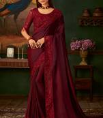 Maroon embroidered silk saree with blouse