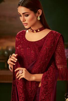 Maroon embroidered silk saree with blouse 2