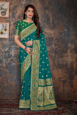 Teal woven banarasi silk saree with blouse 1