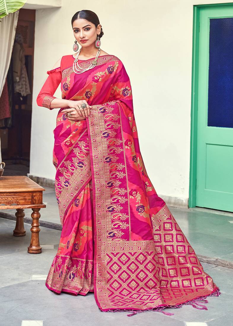 Aastha Fashion Rani Pink Woven Soft Silk Saree with Blouse