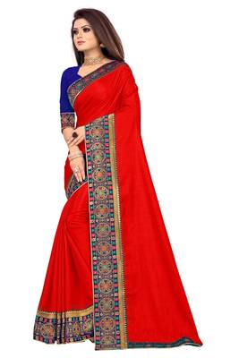 Red printed art silk saree with blouse 3
