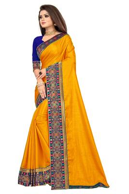 Yellow printed art silk saree with blouse 3