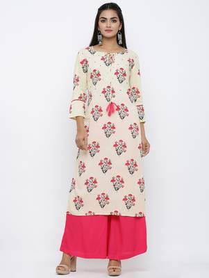 Women's  White Rayon Mughal Print Mirror Work Straight Kurta with Palazzo Set 1